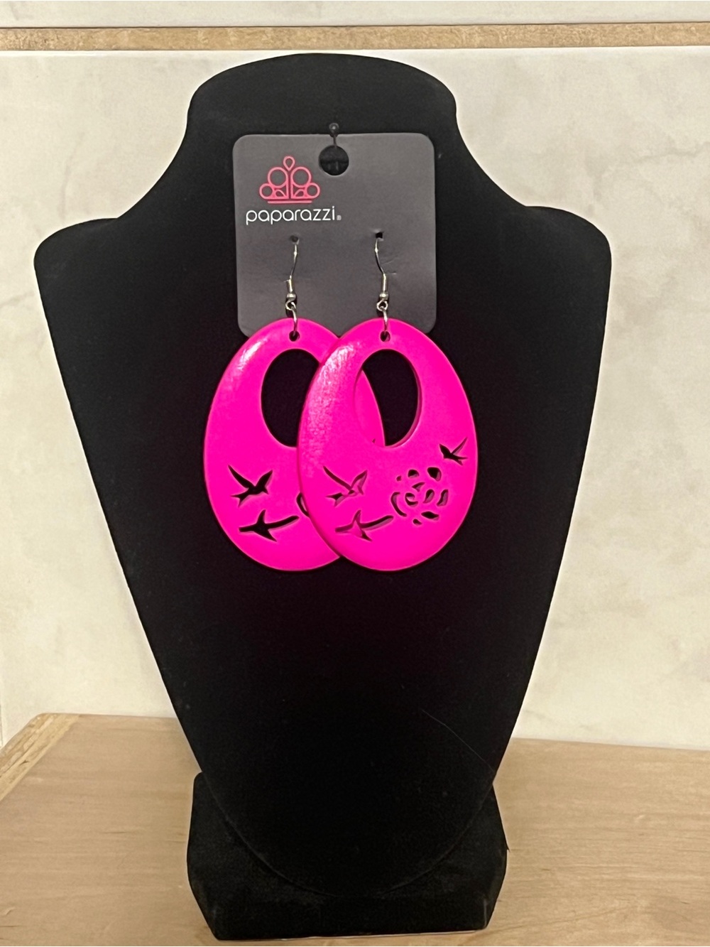 Paparazzi Bright Pink Floral & Bird Cutout Oval Dangle Earrings